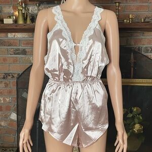 Elegant Pink Lace Trim Satin Romper